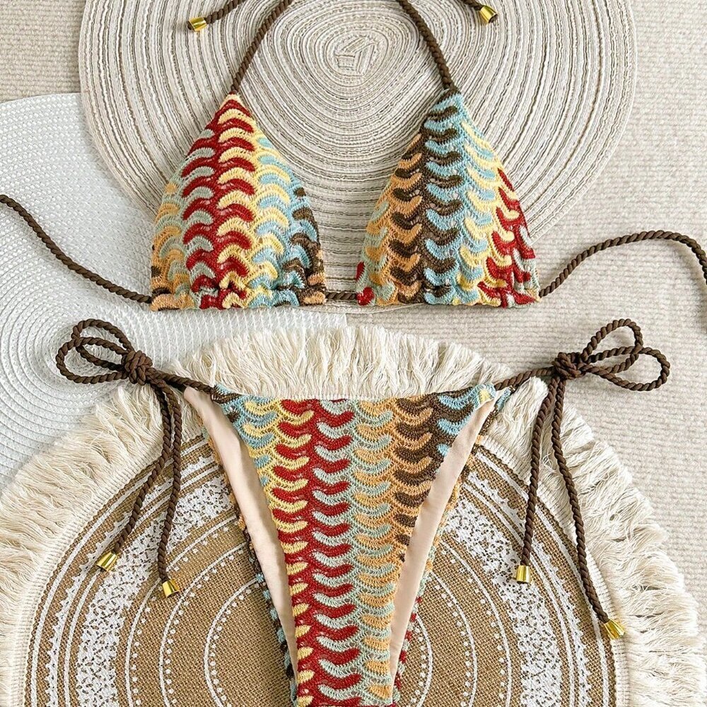 Multicolor Sexy Women's Holiday Beach Halter Allover Print Bikini Set